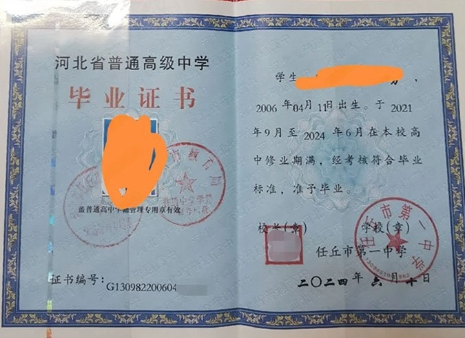 金城江任丘市第一中学高中毕业证样本图片